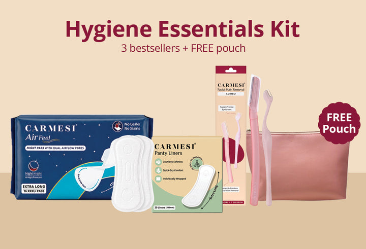 Hygiene Essentials Kit - Air Feel Night Pads, Panty Liners, Face and Eyebrow Razor, Pouch