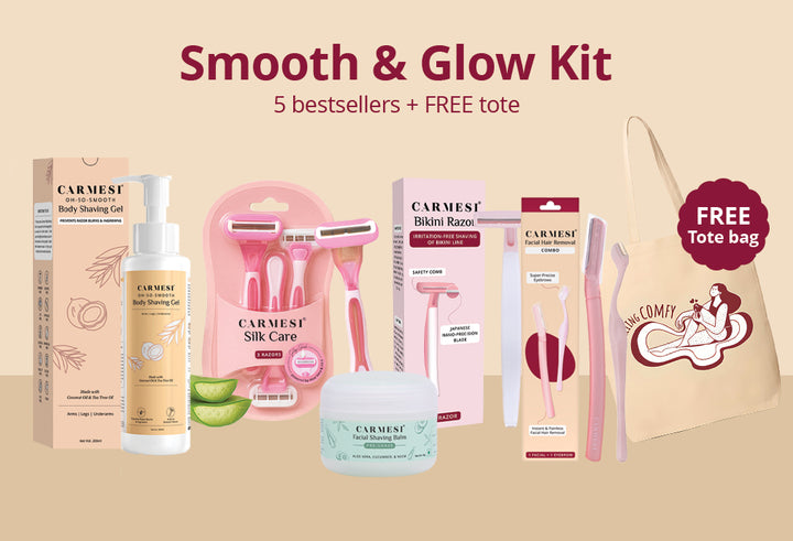 Smooth &amp; Glow Kit - Silk Care Body Razor, Bikini Razor, Body Shaving Gel, Face+Eyebrow Razor, Facial Shaving Balm, Tote Bag