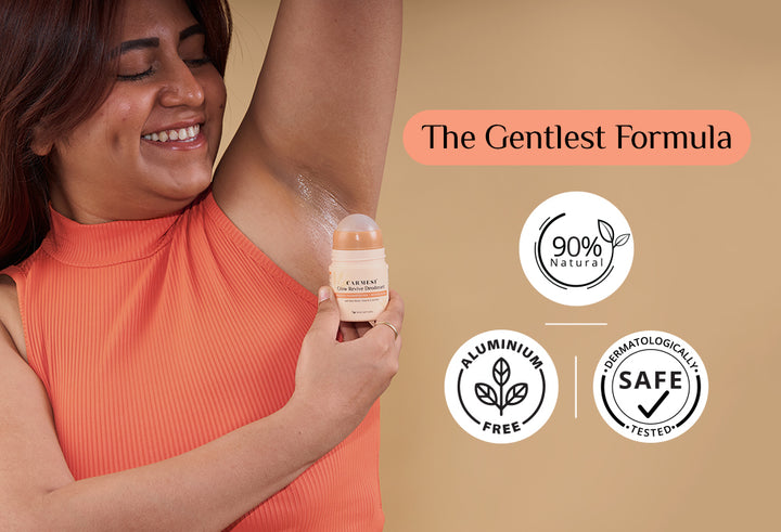 Carmesi Glow Revive Underarm Deodorant helps reduce underarm pigmentation.