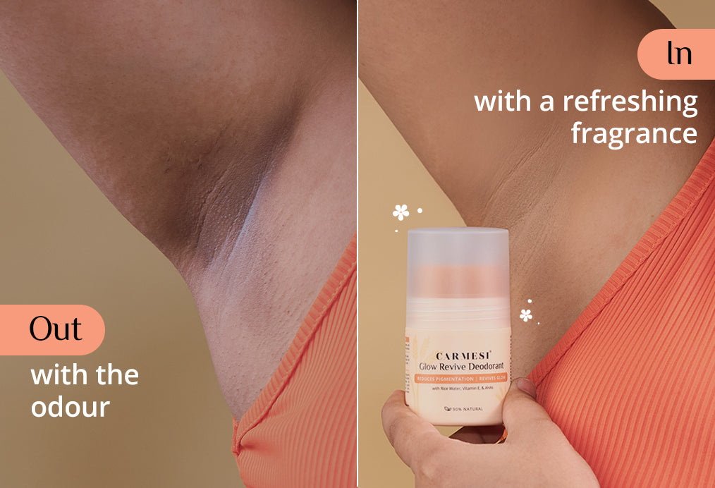 Lifestyle image or graphic showing the Carmesi Glow Revive Underarm Deodorant product application for smooth, glowing skin.