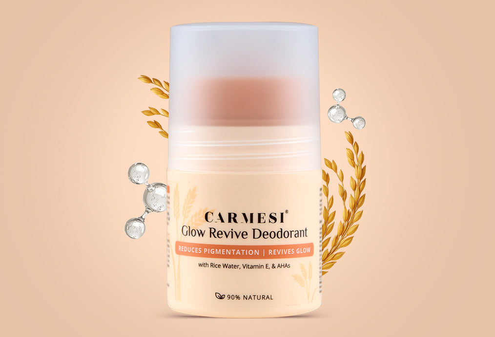Close-up of Carmesi Glow Revive Underarm Deodorant product emphasizing its gentle and alcohol-free formula.