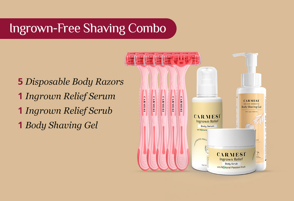 Carmesi Ingrown-Free Shaving Combo | Ingrown Relief Serum, Ingrown Relief Scrub, Disposable Razors, Body Shaving Gel