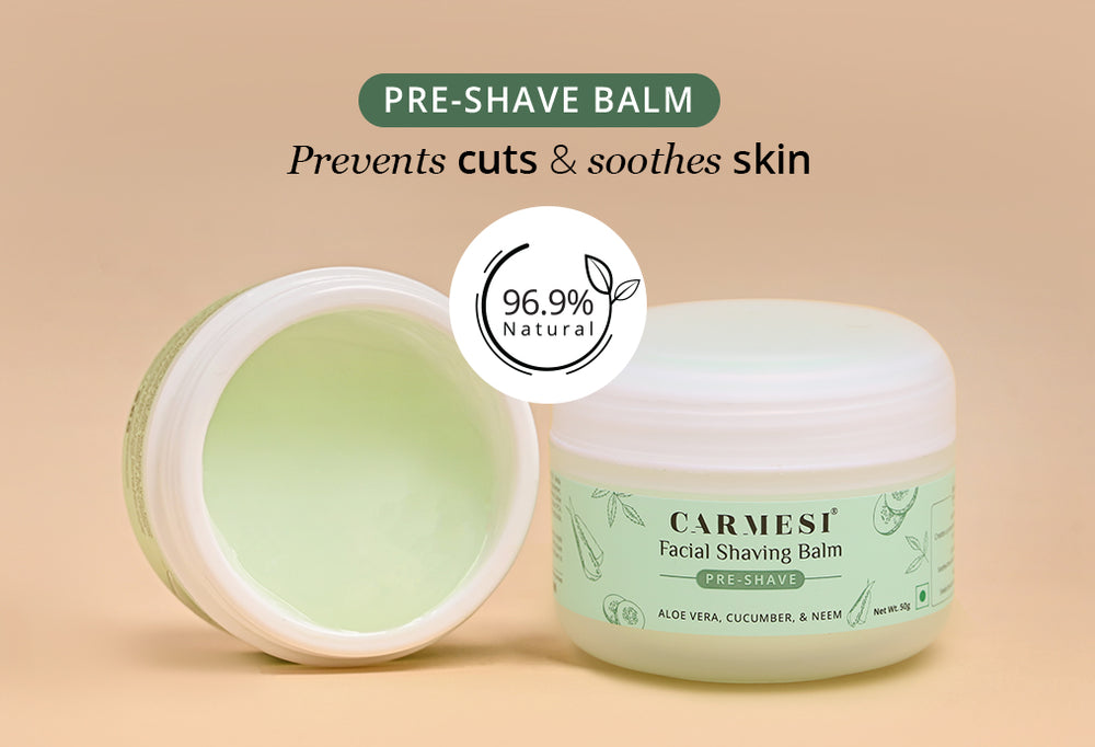 Carmesi Facial Shaving Balm 2-in-1 benefits for pre-shave protection and post-shave soothing.