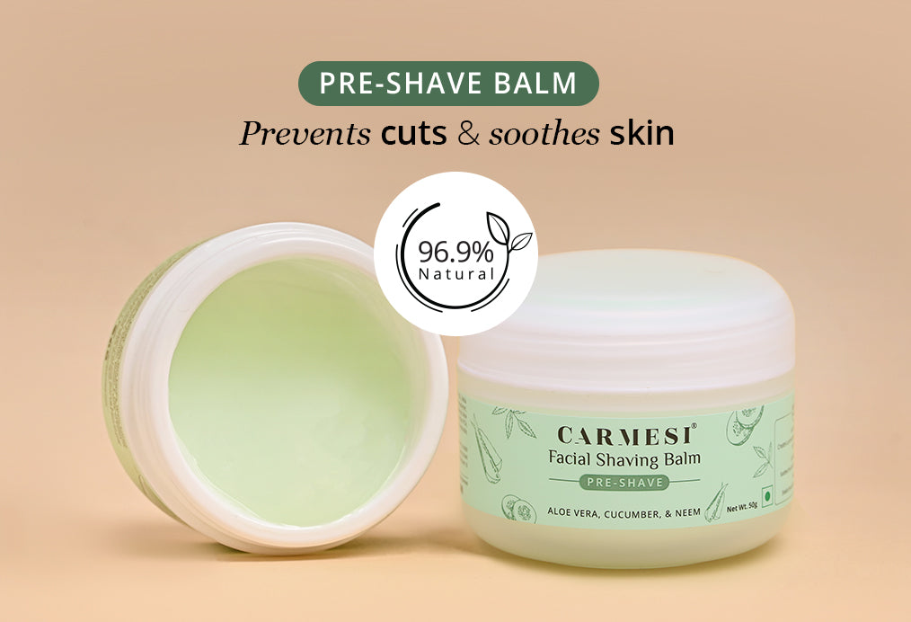 Carmesi Facial Shaving Balm 2-in-1 benefits for pre-shave protection and post-shave soothing.