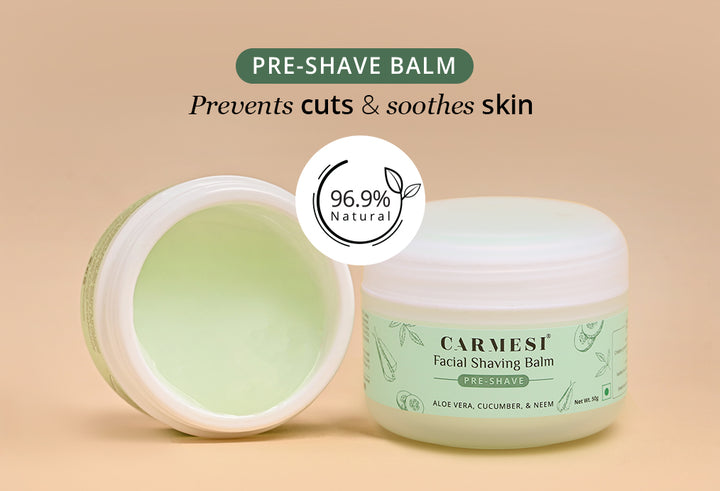 Carmesi Facial Shaving Balm 2-in-1 benefits for pre-shave protection and post-shave soothing.