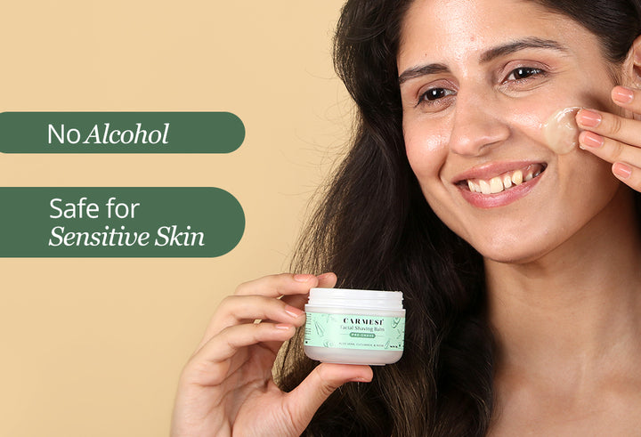 Carmesi Facial Shaving Balm product being applied to the face to prepare for a smooth shave.